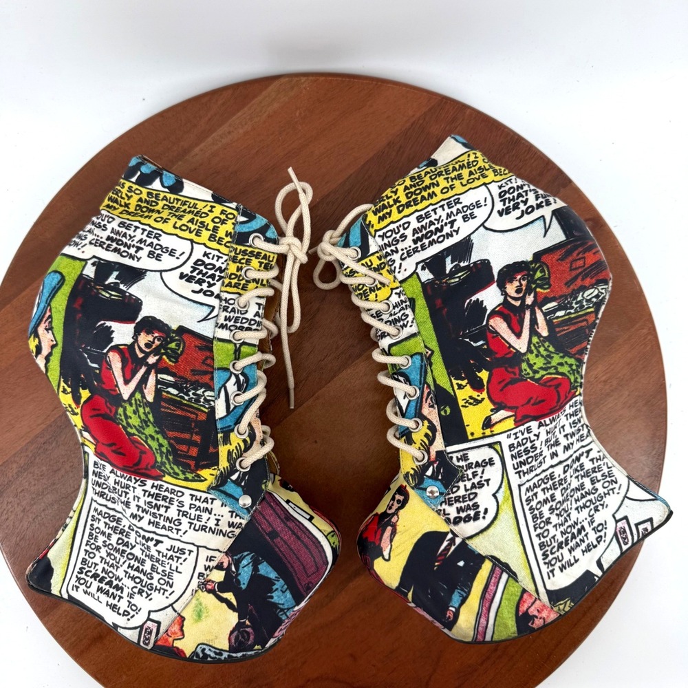 RARE Jeffrey Campbell Nightlita Comic Pop Art Heelless Wedge Booties Women 7 - Picture 11 of 14